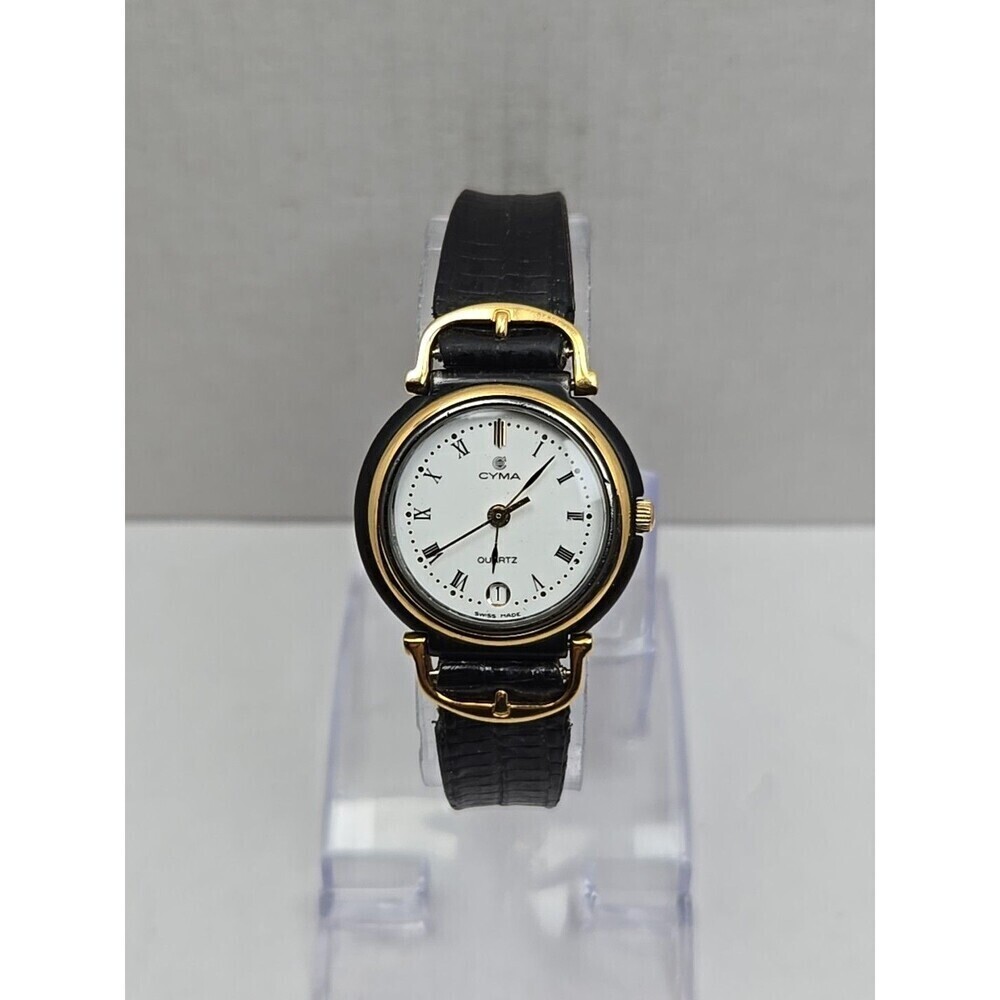 Vintage Cyma Swiss Quartz Womens Dress Watch Date Gold Black New Battery Rare